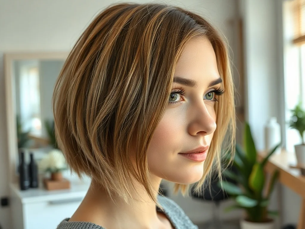 Kobieta w nowoczesnym salonie prezentuje modnego, warstwowego boba dodającego objętości cienkim, rzadkim włosom.
