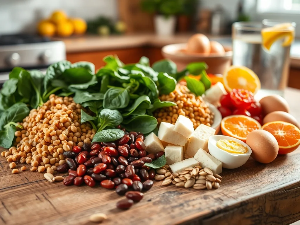 Różnorodne produkty bogate w żelazo na drewnianym stole, ilustrujące zdrową dietę wspierającą leczenie anemii