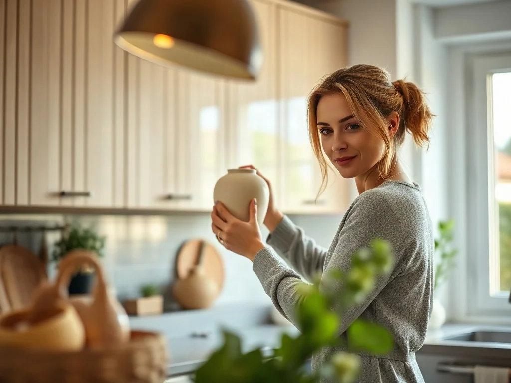 Kobieta ustawia ceramiczny wazon na górnych szafkach kuchennych, dekorując przestrzeń roślinami i wiklinowymi koszami.