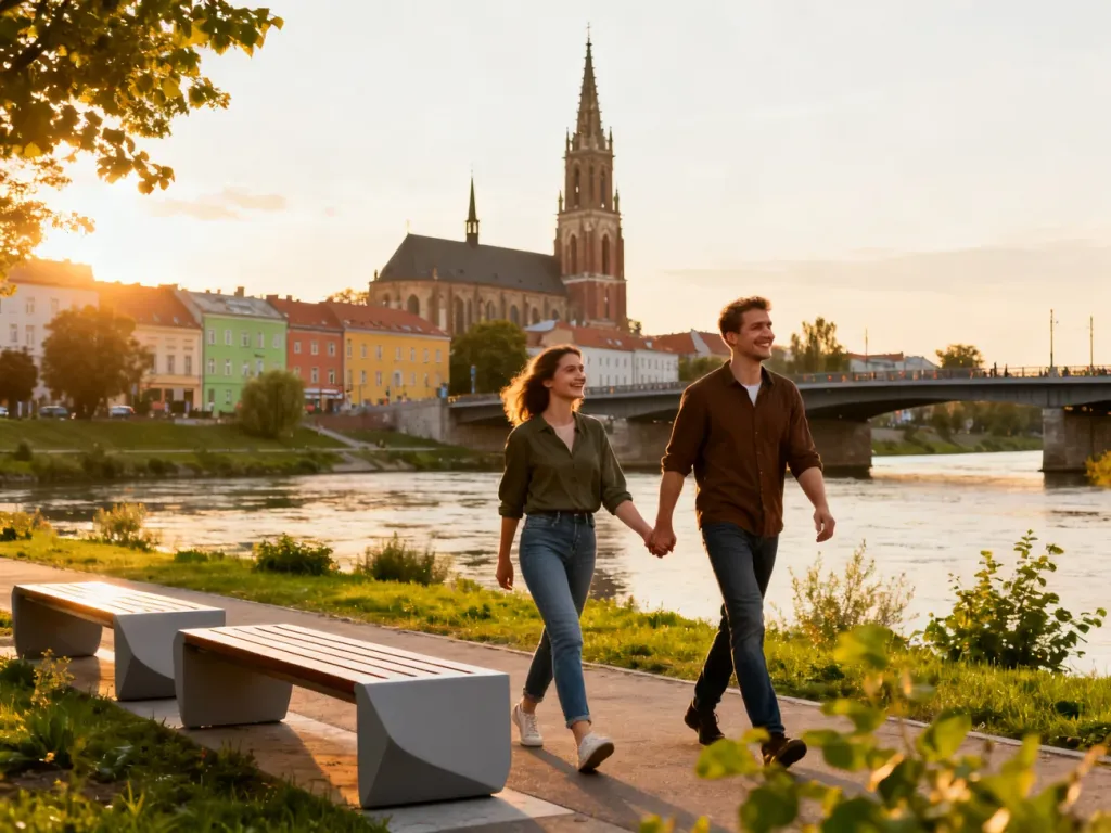 Uśmiechnięta para spaceruje nad Wartą w Gorzowie Wielkopolskim, w tle katedra, most i kolorowe kamienice, no text on the picture